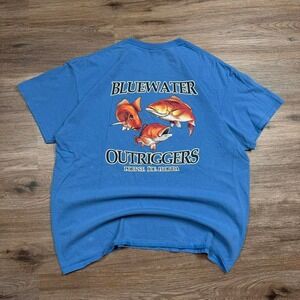 Vintage 90s blue water outriggers fishing graphic blue‎ tee